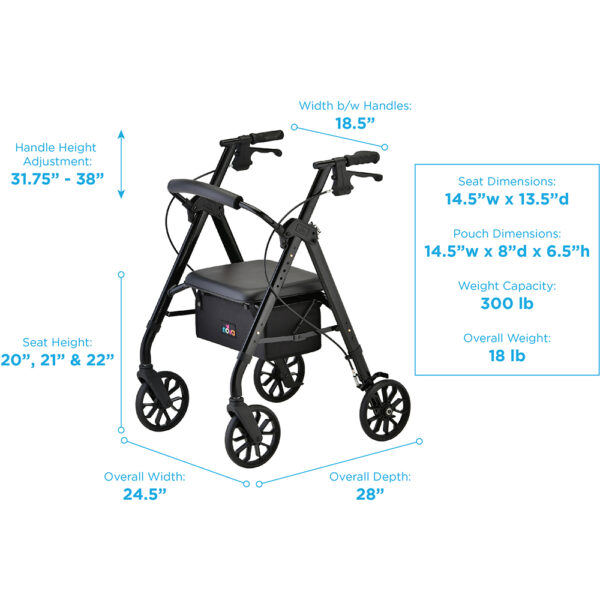 STAR 8 Rollator Walker, 8" Wheels & Standard Size, Black - Image 3