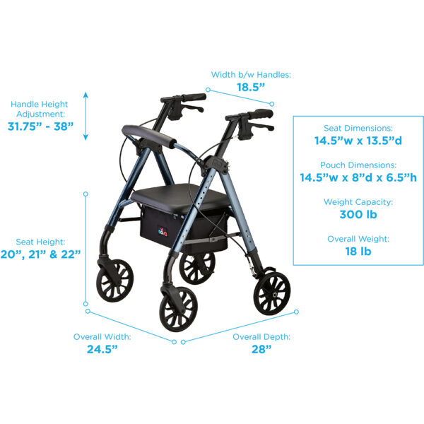 STAR 8 Rollator Walker, 8" Wheels & Standard Size, Blue - Image 3