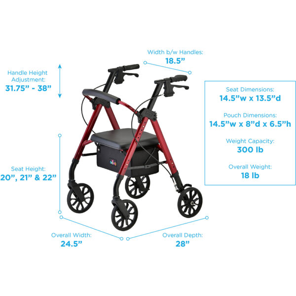 STAR 8 Rollator Walker, 8" Wheels & Standard Size, Red - Image 4